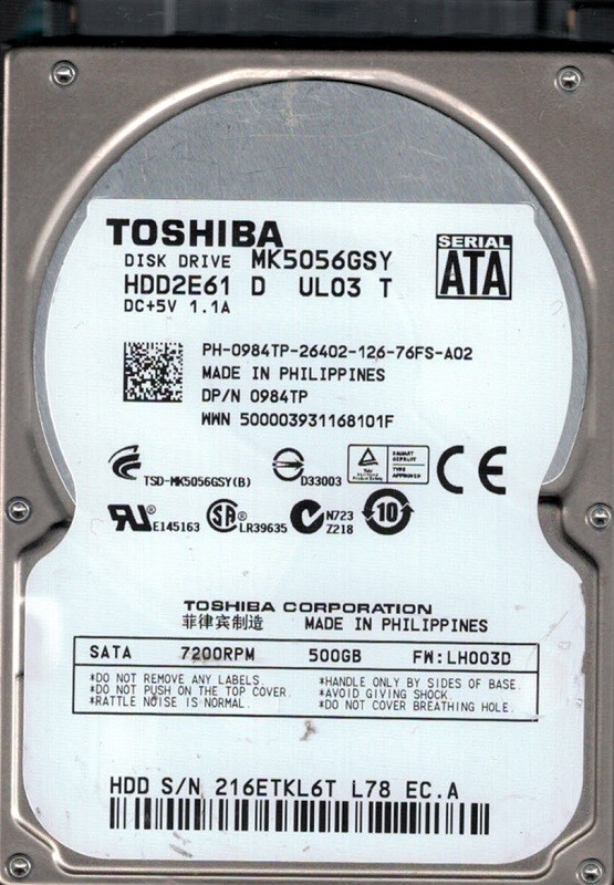 Toshiba MK5056GSY HDD2E61 D UL03 T FW: LH003D PHILIPPINES 500GB
