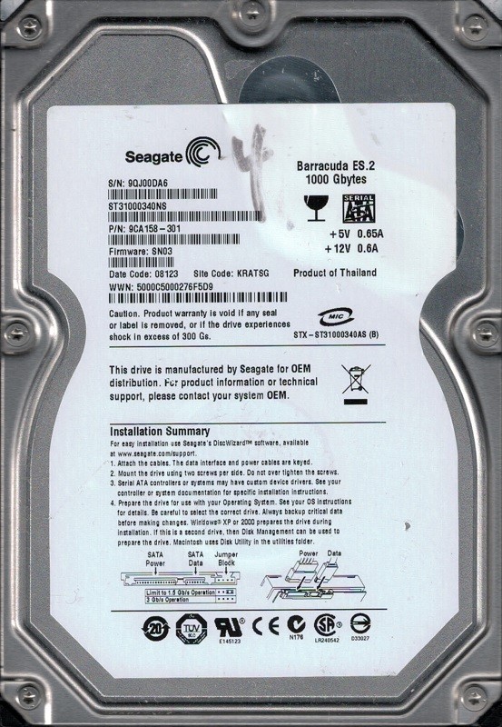 Seagate ST31000340NS P/N: 9CA158-301 F/W: SN03 1TB KRATSG