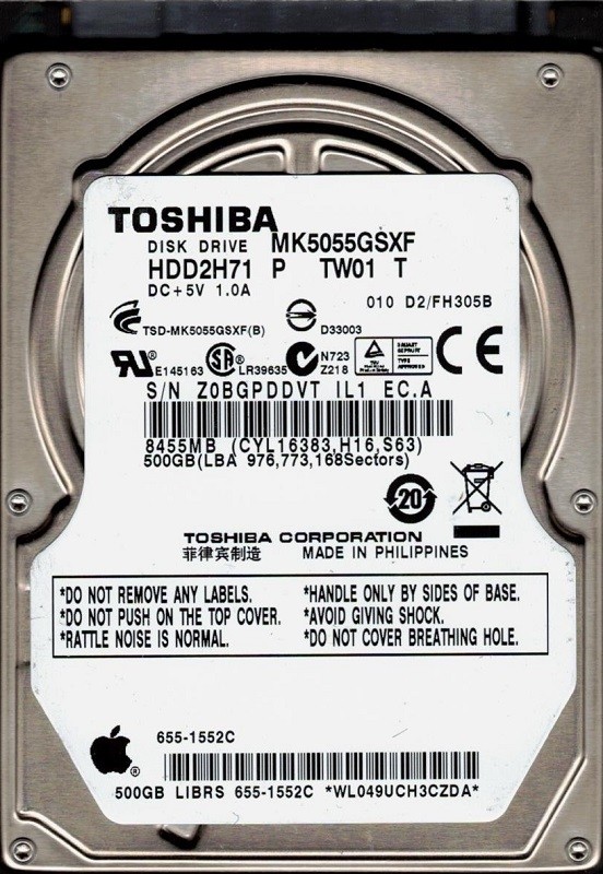 Toshiba MK5055GSXF 500GB HDD2H71 P TW01 T D2/FH305B MAC 655-1552C