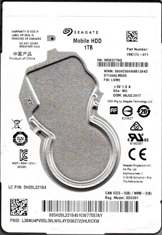 ST1000LM035 P/N: 1RK172-071 F/W: LVM2 WU WDE Seagate 1TB