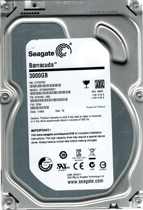 Seagate ST3000DM001 P/N: 9YN166-568 F/W: CC94 3TB TK