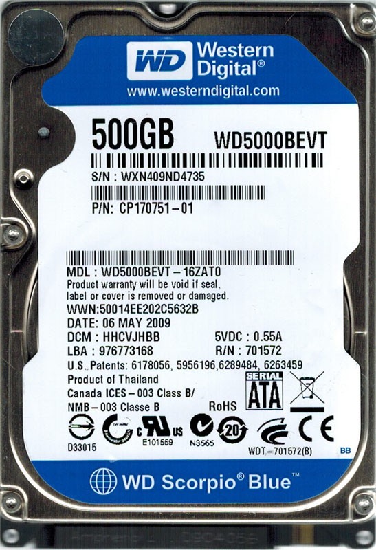 Western Digital WD5000BEVT-16ZAT0 DCM: HHCVJHBB 500GB
