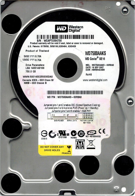 Western Digital WD7500AAKS-00RBA0 750GB DCM: HBRNHA2ABB