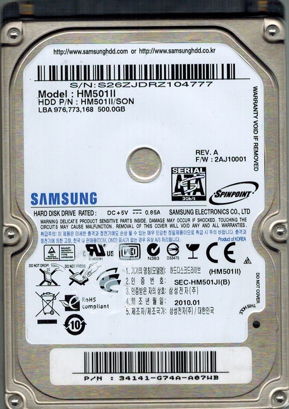 Samsung HM501II SPINPOINT P/N: 34141-G74A-A07WB F/W: 2AJ10001 500GB