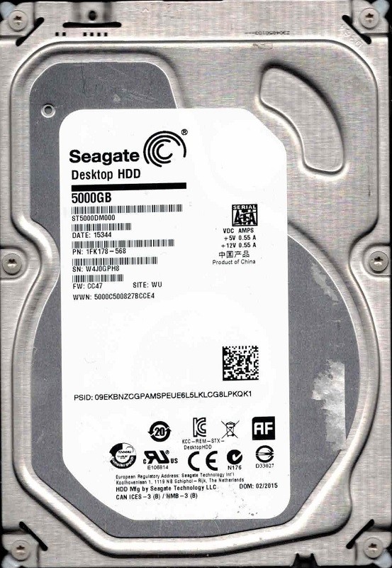 ST5000DM000 P/N: 1FK178-568 F/W: CC47 WU W4J 02/2015 Seagate 5TB