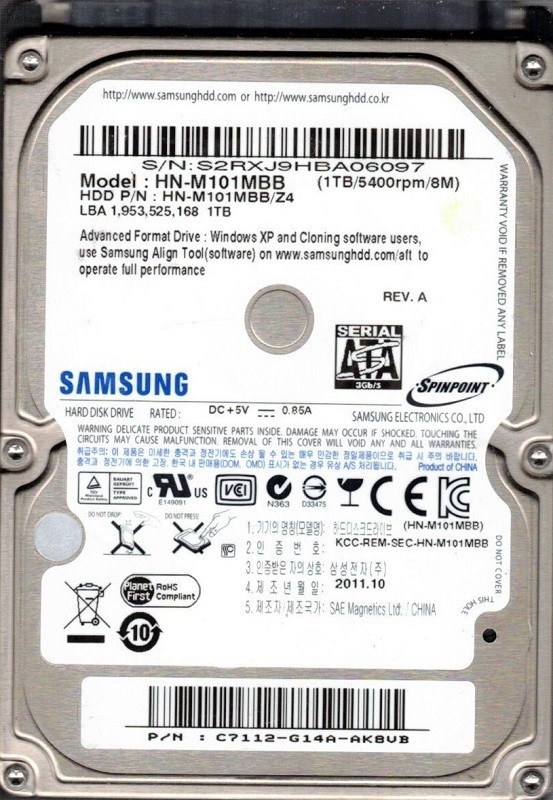 ST1000LM024 HN-M101MBB/Z4 P/N: C7112-G14A-AK8UB China Samsung 1TB
