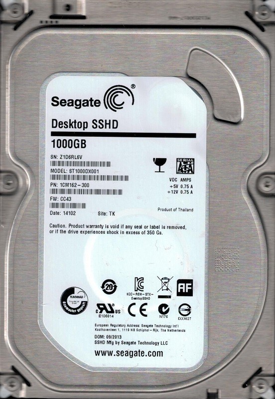 Seagate ST1000DX001 P/N: 1CM162-300 F/W: CC43 TK Z1D 1TB Desktop SSHD