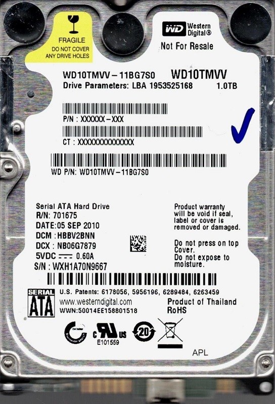 Western Digital WD10TMVV-11BG7S0 USB 2.0 1TB DCM: HBBV2BNN WXH1A