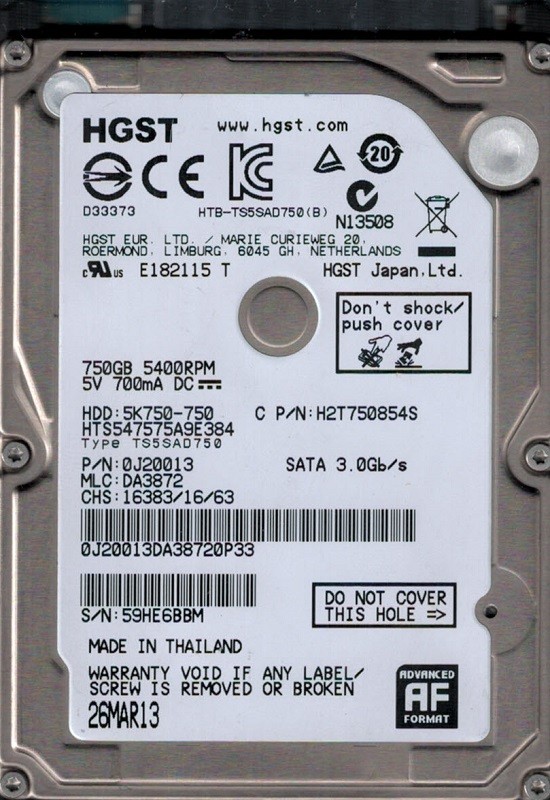 HTS547575A9E384 P/N: 0J20013 MLC: DA3872 HGST 750GB