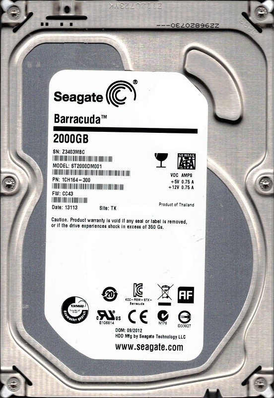 ST2000DM001 P/N: 1CH164-300 F/W: CC43 TK Z34 Seagate Barracuda 2TB