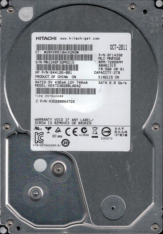 HDS723020BLA642 P/N: 0F14390 MLC: MNR5Q0 China Hitachi 2TB