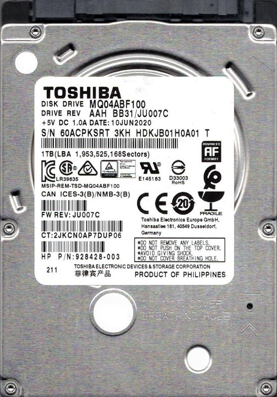 MQ04ABF100 AAH BB31/JU007C Philippines Toshiba 1TB