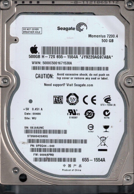 ST9500420ASG P/N: 9PSG44-040 F/W: 0006APM2 WU MAC 655-1554A Seagate 500GB