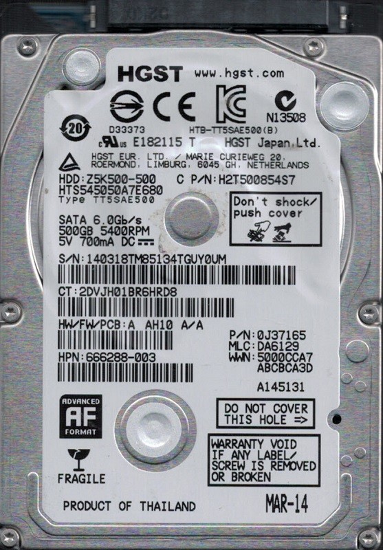HTS545050A7E680 P/N: 0J37165 MLC: DA6129 Thailand HGST 500GB