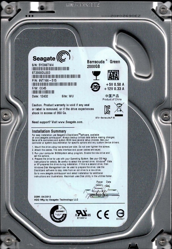 ST2000DL003 P/N: 9VT166-515 F/W: CC45 WU 5YD Seagate Barracuda Green 2TB