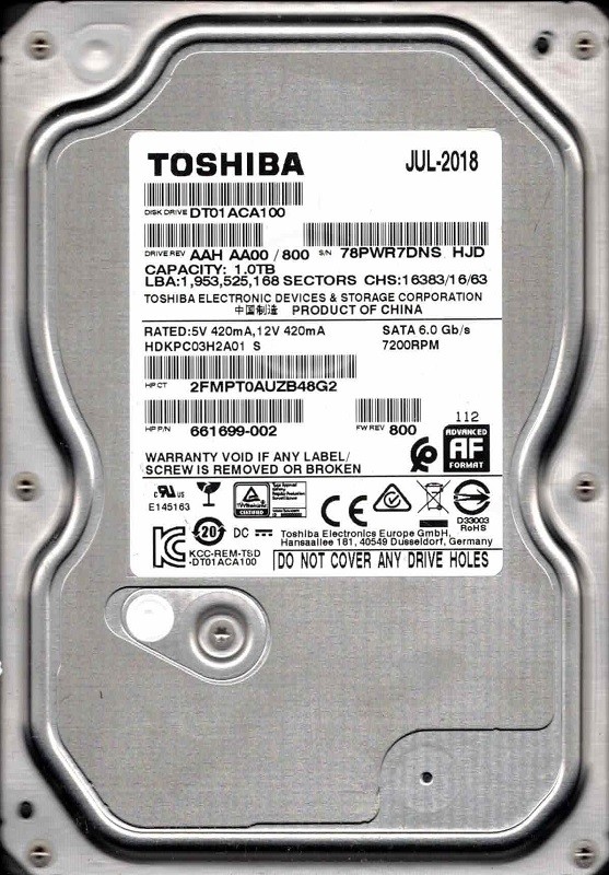 DT01ACA100 AAH AA00/800 HDKPC03H2A01 China JUL 2018 Toshiba 1TB