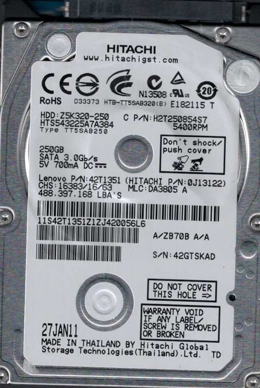 HTS543225A7A384 P/N: 0J13122 MLC: DA3805 Hitachi 250GB