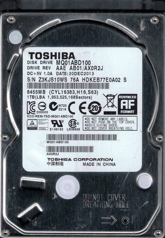 Toshiba MQ01ABD100 AAE AB01/AX0R2J 1TB China