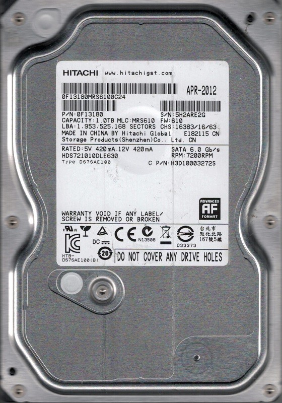 Hitachi HDS721010DLE630 MLC: MRS610 P/N: 0F13180 1TB