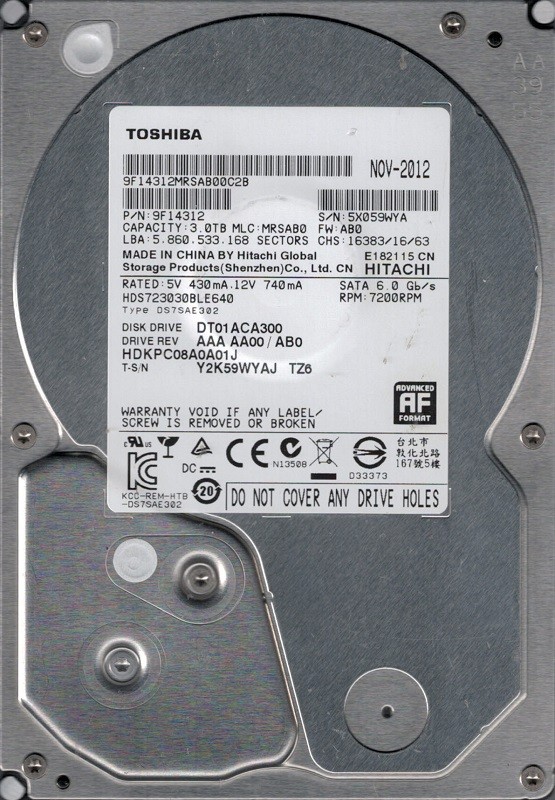 Toshiba HDS723030BLE640 P/N: 9F14312 MLC: MRSAB0 3TB Hitachi