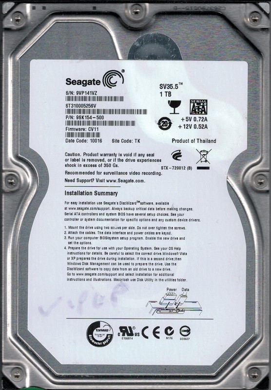 ST31000525SV F/W: CV11 P/N: 9SK154-500 TK 9VP 1TB Seagate