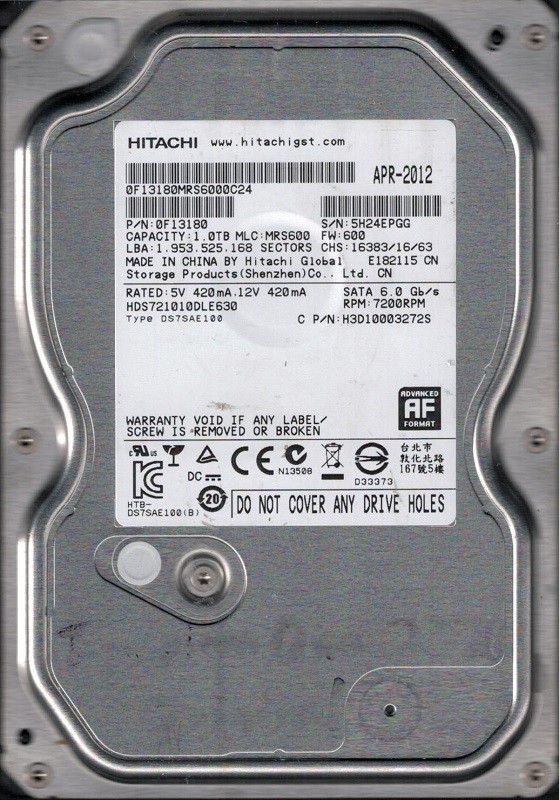 Hitachi HDS721010DLE630 MLC: MRS600 P/N: 0F13180 1TB