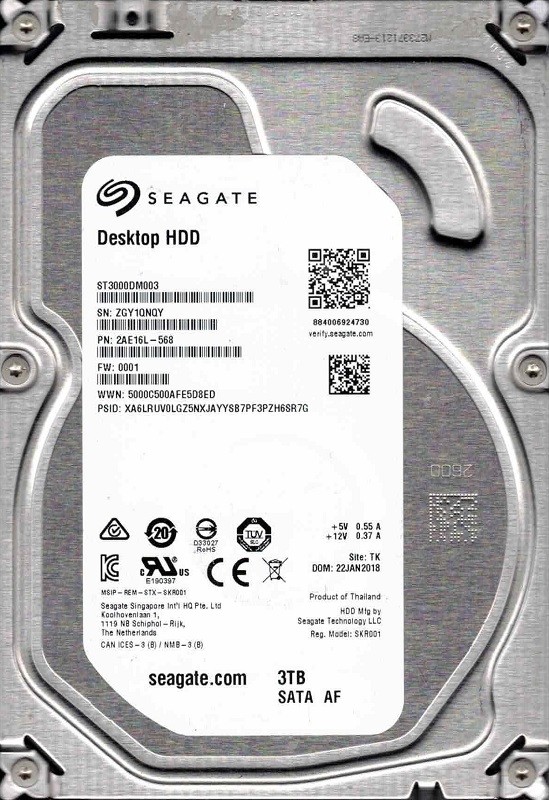 ST3000DM003 P/N: 2AE16L-568 F/W: 0001 TK ZGY1 JAN 2018 Seagate 3TB