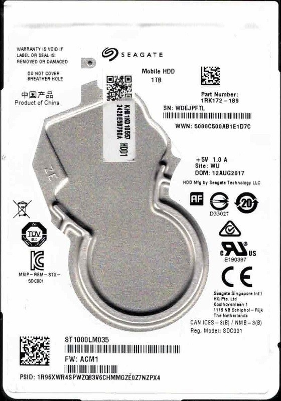 ST1000LM035 P/N: 1RK172-189 F/W: ACM1 WU WDEJ AUG 2017 Seagate 1TB