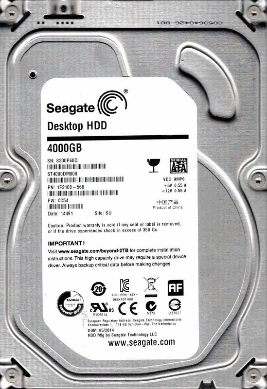 ST4000DM000 F/W: CC54 P/N: 1F2168-568 SU S300 05/2014 Seagate 4TB