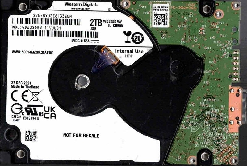 WD20SDRW-11VUUS1 WXU2E DEC 2021 Western Digital 2TB SATA 6Gb/s