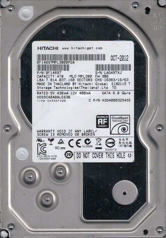 HDS5C4040ALE630 P/N: 0F14697 MLC: MPL3B0 Thailand Hitachi 4TB