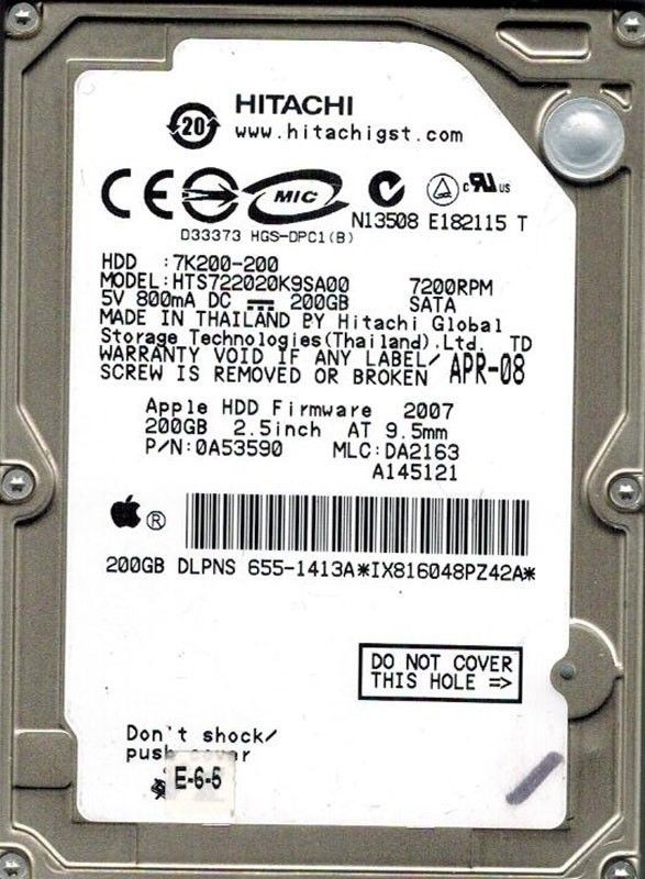 Hitachi HTS722020K9SA00 MLC: DA2163 P/N: 0A53590 MAC 655-1413A 200GB