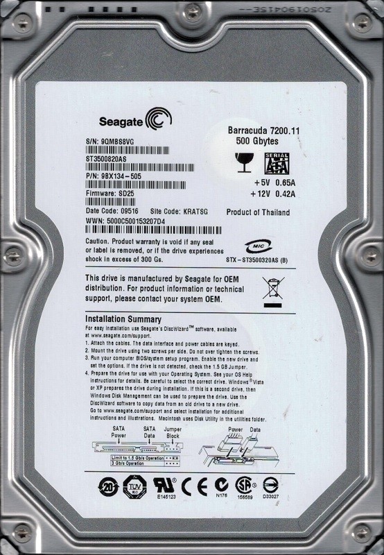 ST3500820AS Seagate P/N: 9BX134-505 F/W: SD25 500GB KRATSG 9QM