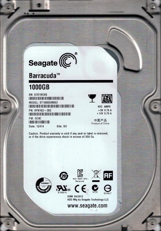 Seagate ST1000DM003 P/N: 9YN162-302 F/W: CC4C SU S1D 1TB