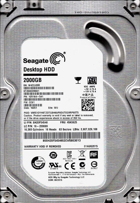ST2000DM001 P/N: 1ER164-541 F/W: CC61 WU W4Z Seagate 2TB