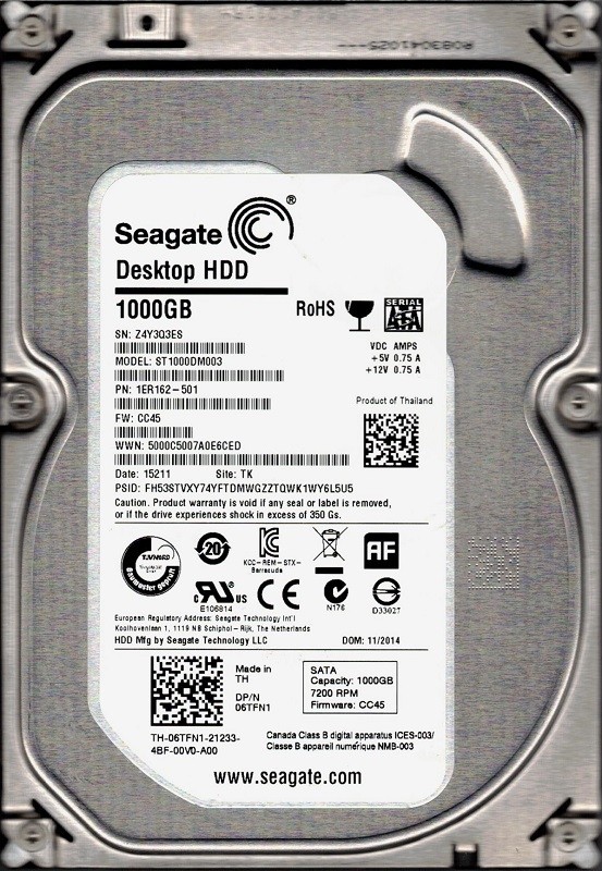 Seagate ST1000DM003 P/N: 1ER162-501 F/W: CC45 1TB TK Z4Y Desktop HDD