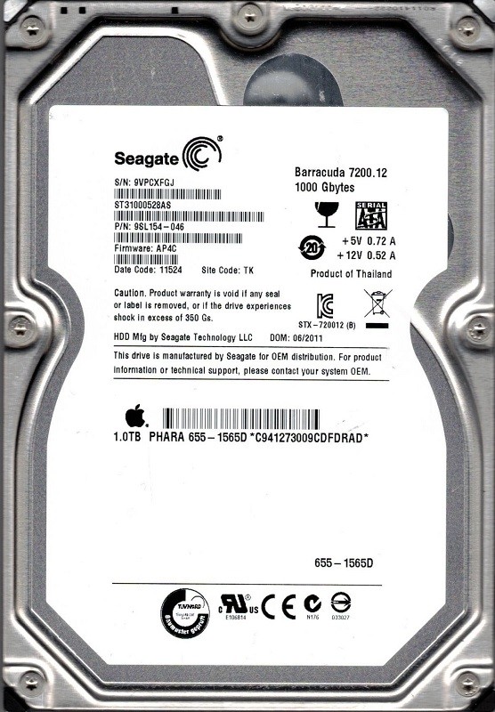 ST31000528AS P/N: 9SL154-046 F/W: AP4C TK 9VP MAC 655-1565D Seagate 1TB