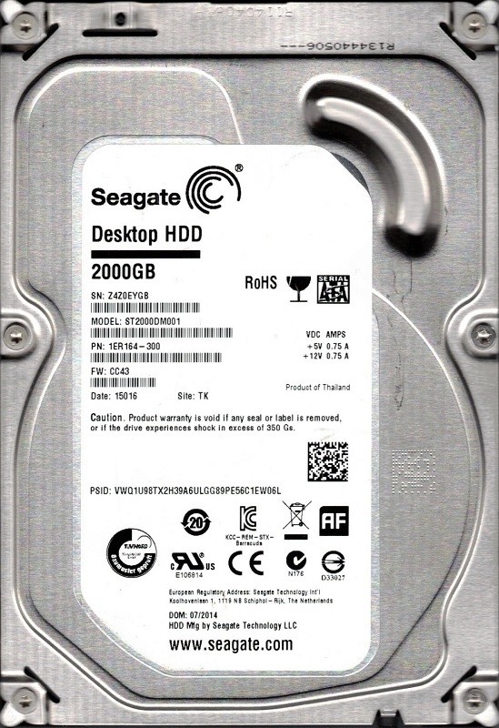 ST2000DM001 P/N: 1ER164-300 F/W: CC43 TK Seagate 2TB Z4Z