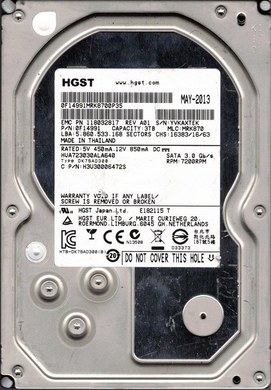 HGST HUA723030ALA640 P/N: 0F14991 MLC: MRK870 3TB 