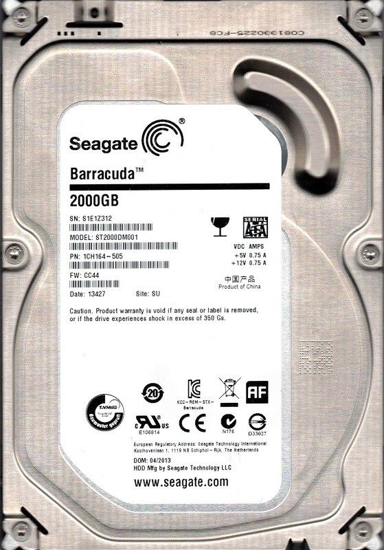 ST2000DM001 P/N: 1CH164-505 F/W: CC44 SU S1E1 Seagate 2TB