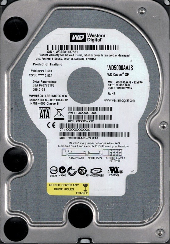 WD5000AAJS-22YFA0 DCM: HHNCHT2MBN WCAS8 Western Digital 500GB