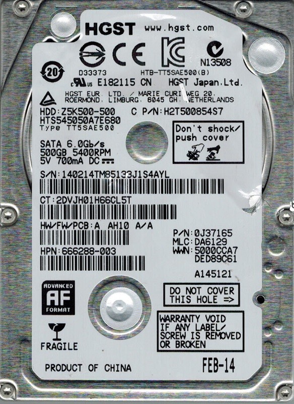 HGST HTS545050A7E680 P/N: 0J37165 MLC: DA6129 500GB 