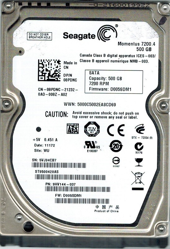 Seagate ST9500420AS P/N: 9HV144-037 F/W: D005SDM1 WU 500GB