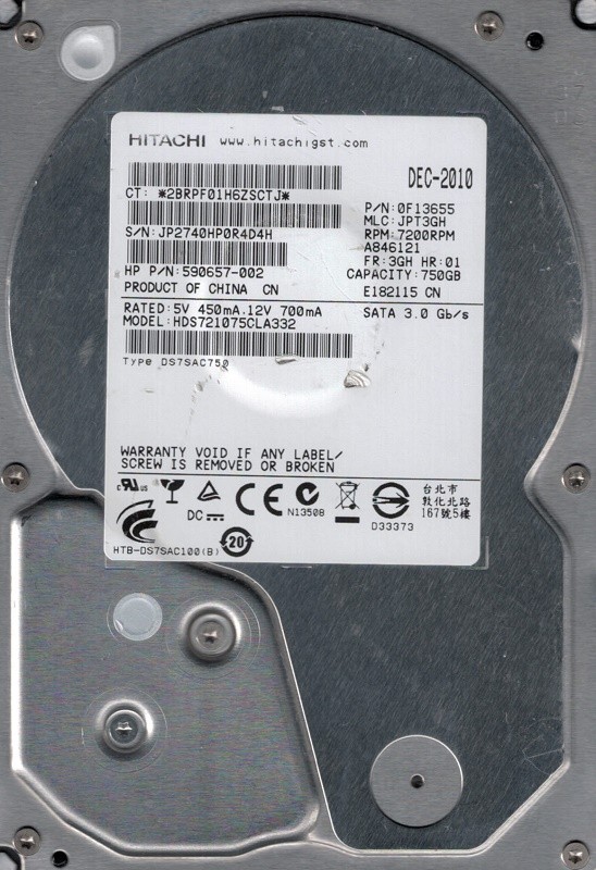 Hitachi HDS721075CLA332 750GB P/N: 0F13655 MLC: JPT3GH