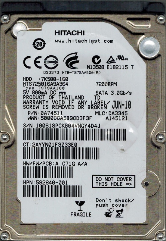 Hitachi HTS725016A9A364 P/N: 0A74511 MLC: DA3345 160GB