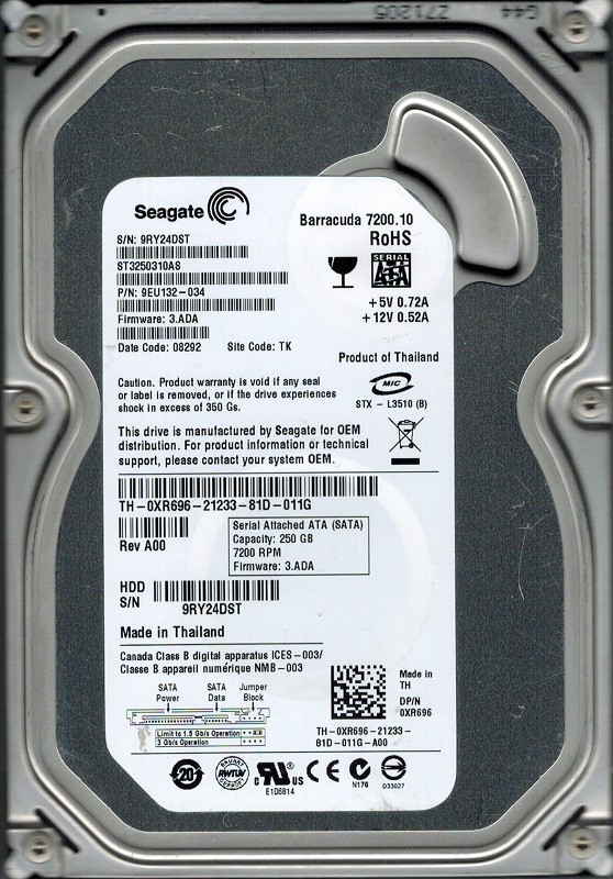 Seagate ST3250310AS P/N: 9EU132-034 F/W: 3.ADA 250GB TK