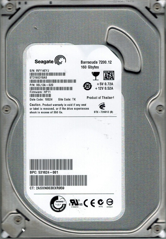 Seagate ST3160318AS P/N: 9SL13A-020 F/W: HP11 160GB TK