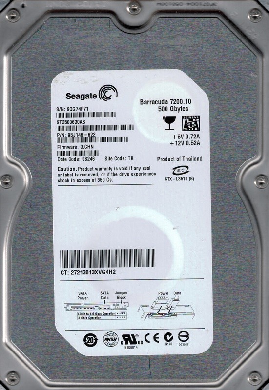 ST3500630AS P/N: 9BJ146-622 F/W: 3.CHN 500GB Seagate TK