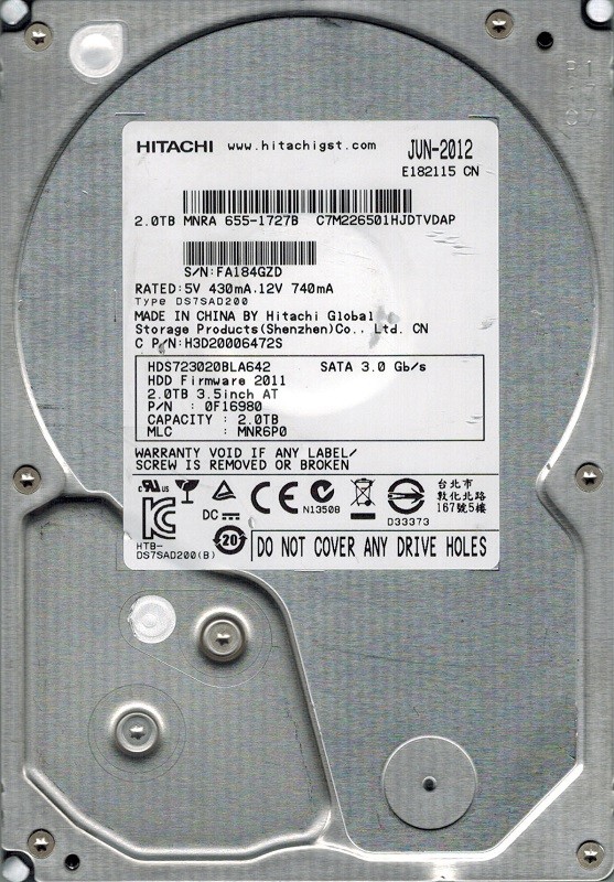 Hitachi HDS723020BLA642 MAC 655-1727B P/N: 0F16980 MLC: MNR6P0 2TB