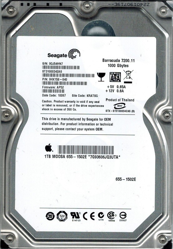 Seagate ST31000342AS P/N: 9HX158-040 F/W: AP52 1TB KRATSG